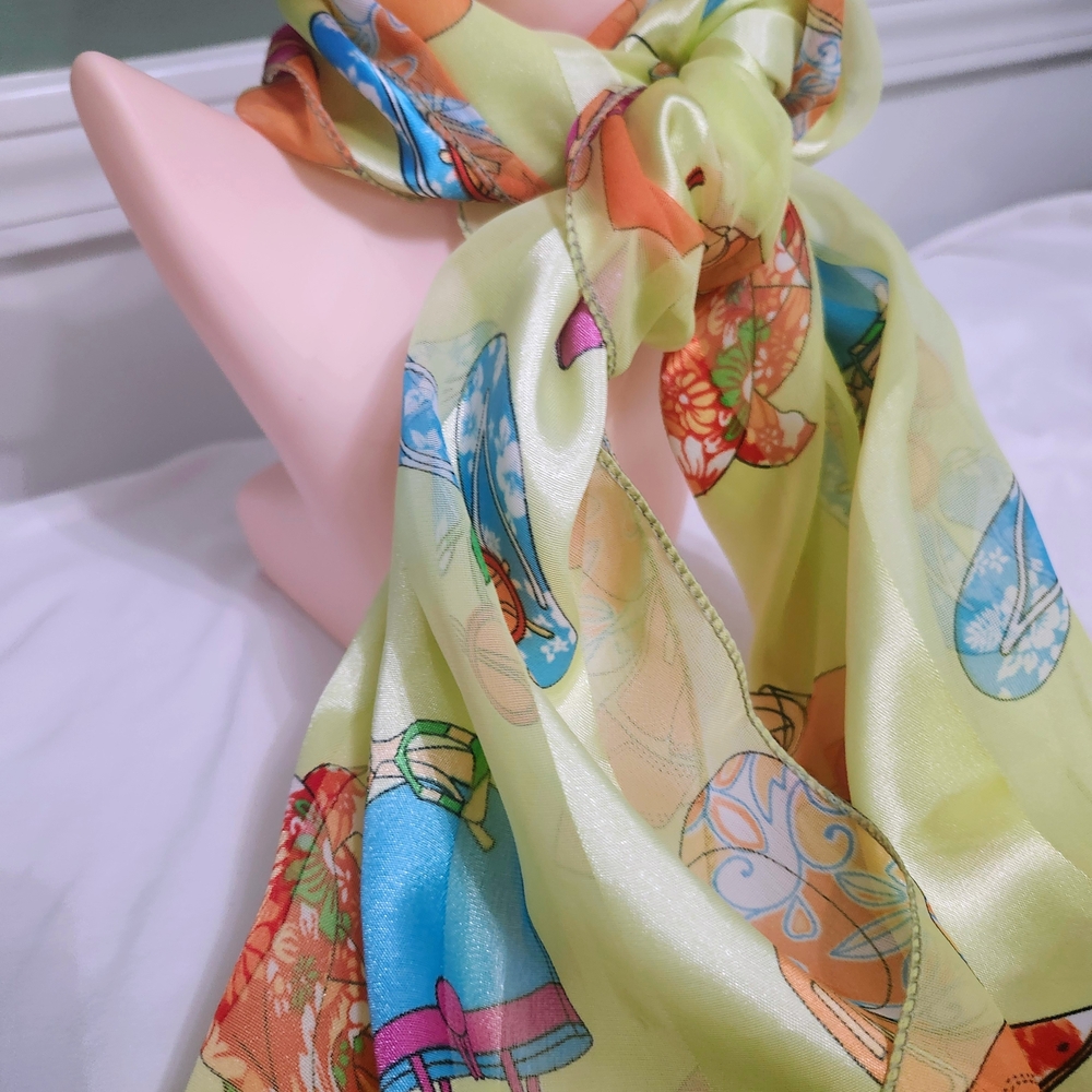Vibrant Yellow Printed Satin Scarf with Multicolor Motifs